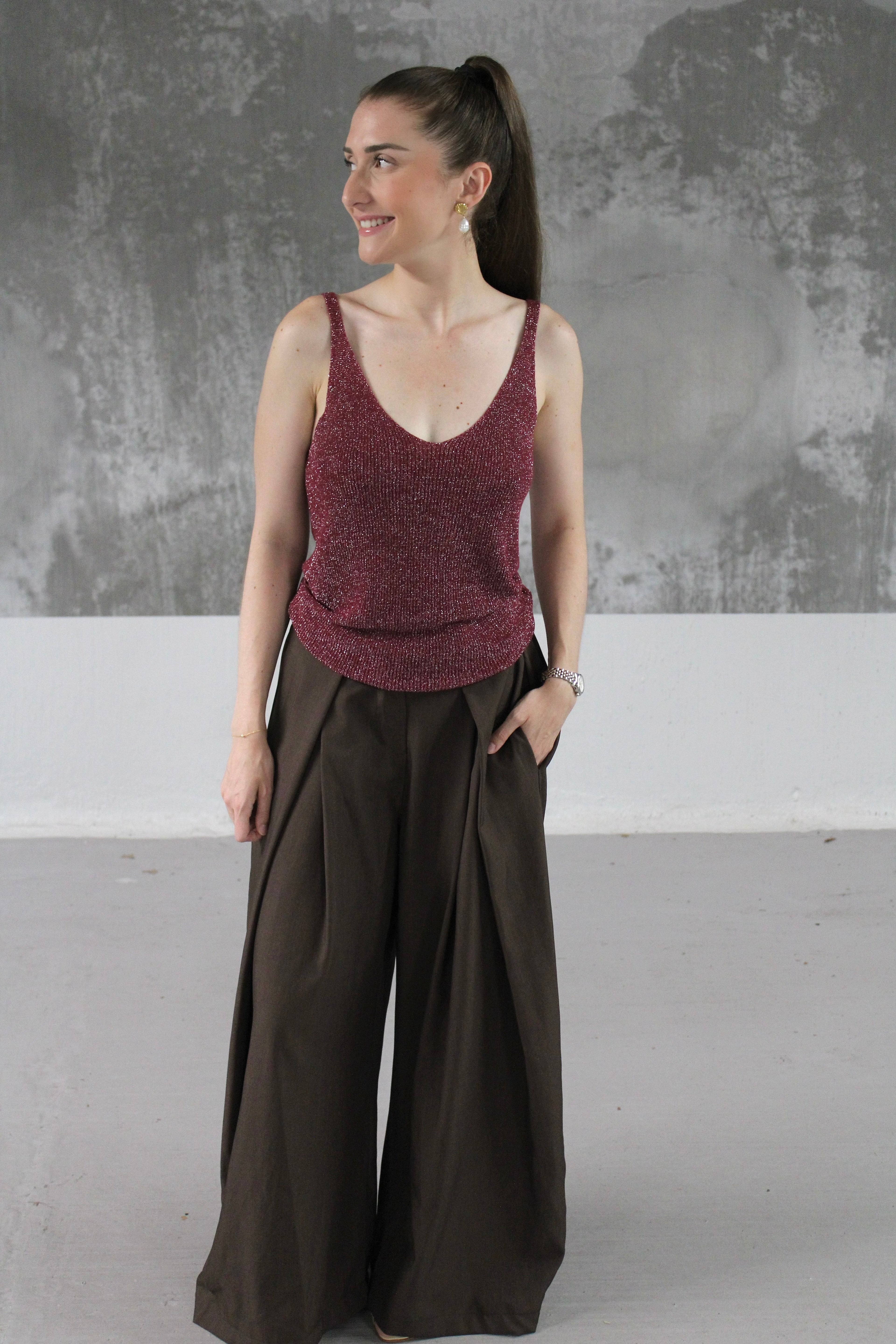 DEBARDEUR LUREX PAILLETTE PRUNE