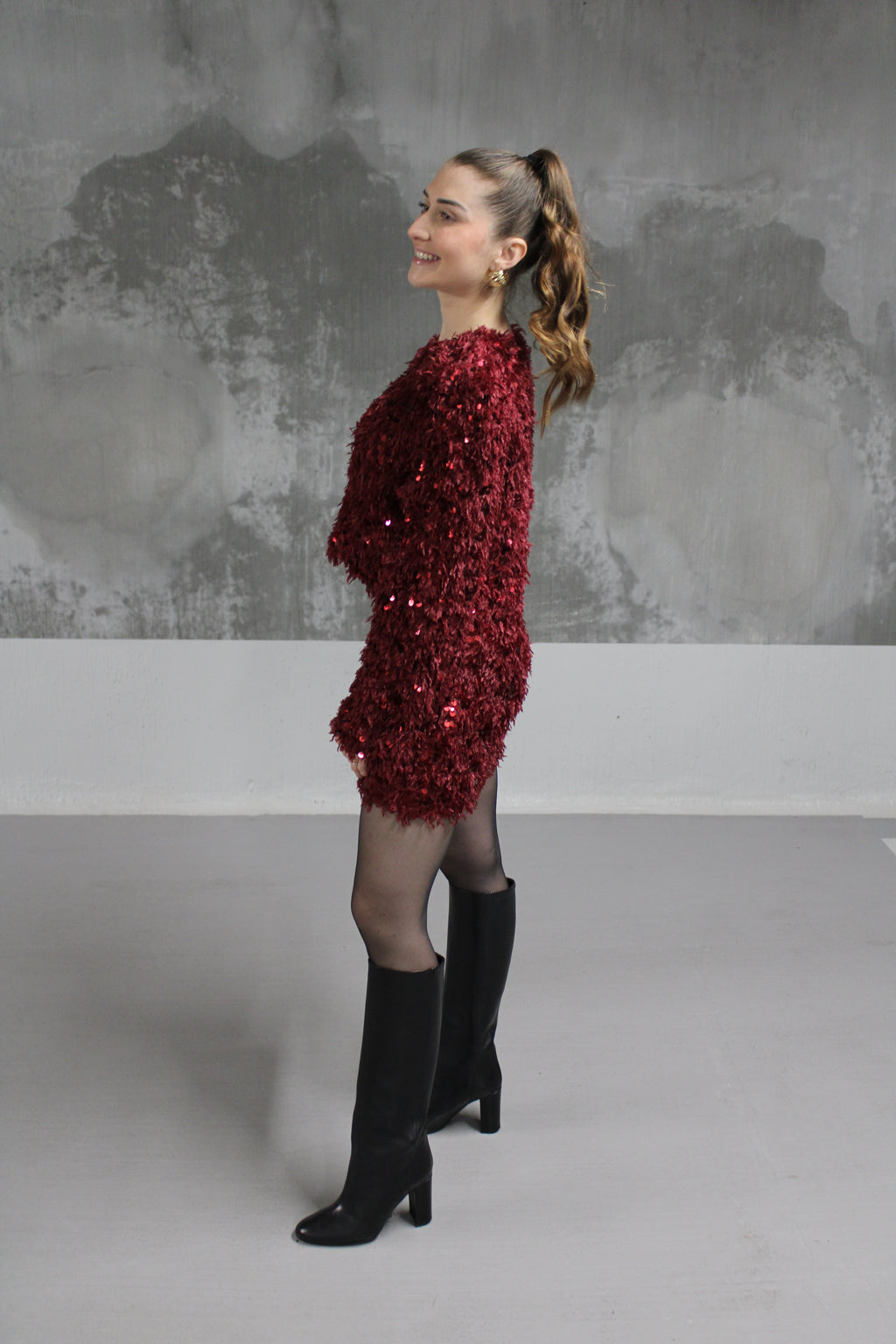 ENSEMBLE HAUT JUPE SEQUINS BORDEAUX