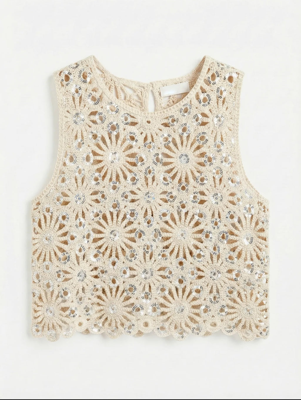 TOP BEIGE SEQUINS ARGENTES CROCHET