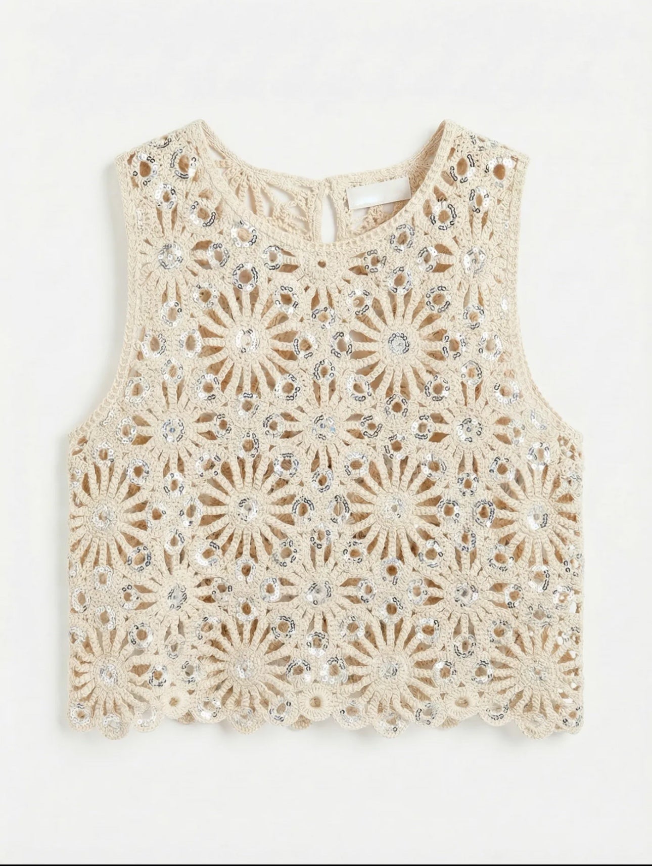 TOP BEIGE SEQUINS ARGENTES CROCHET