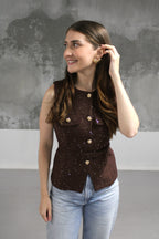 VESTE SANS MANCHES TWEED MARRON