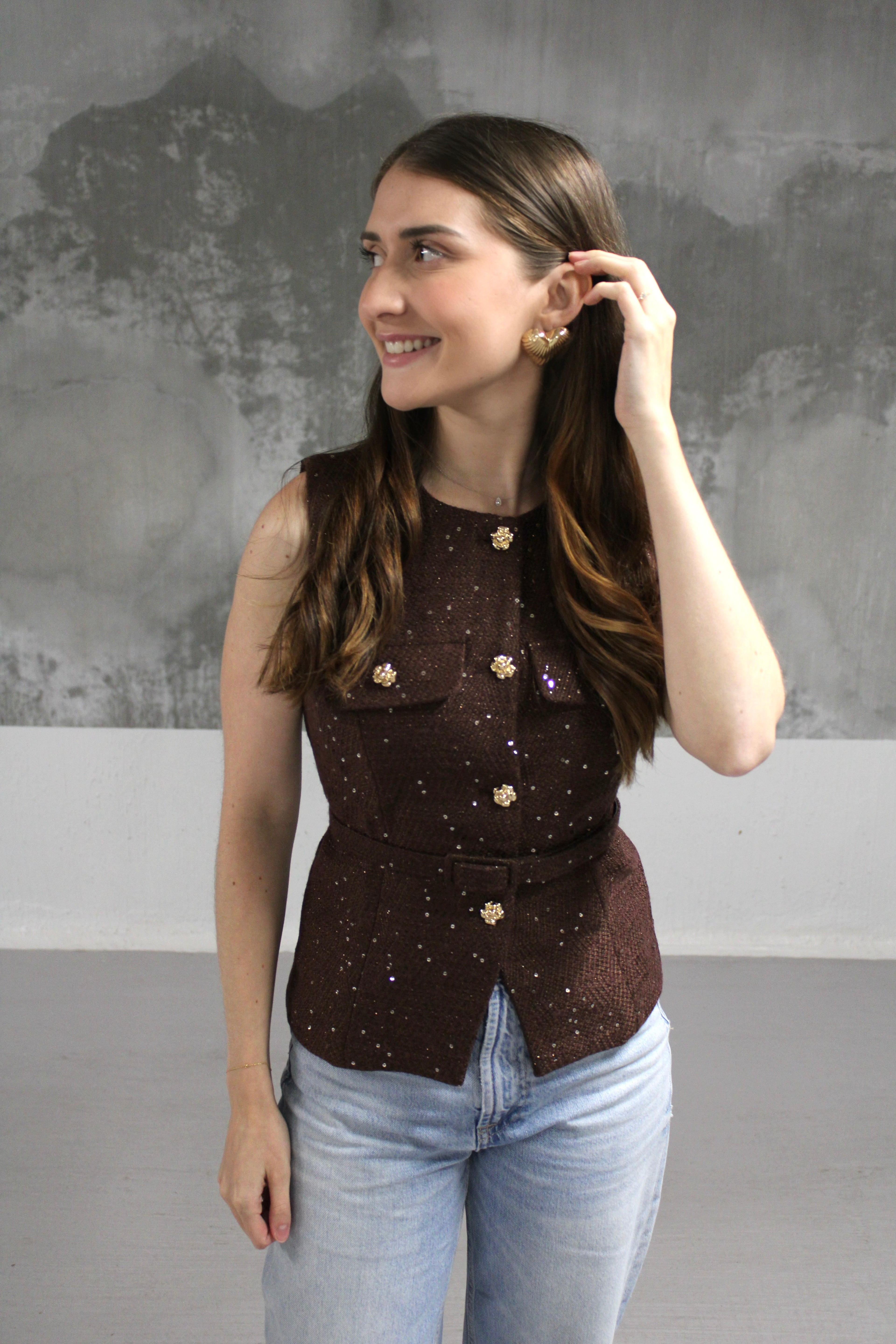 VESTE SANS MANCHES TWEED MARRON