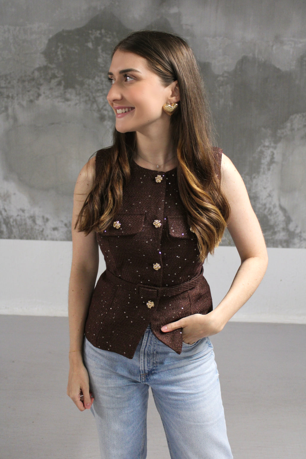 VESTE SANS MANCHES TWEED MARRON