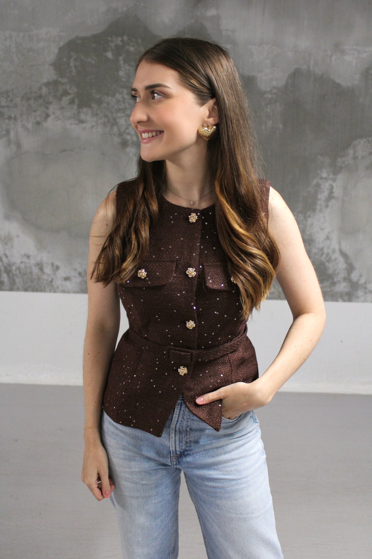 VESTE SANS MANCHES TWEED MARRON